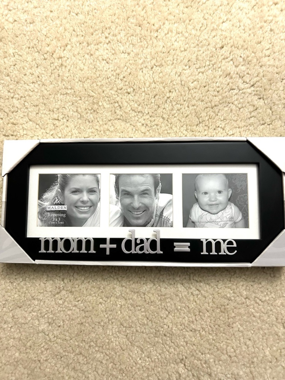 Mom + Dad = Me Black Triple Photo Frame 3x3 Baby Family Decor NWT Malden